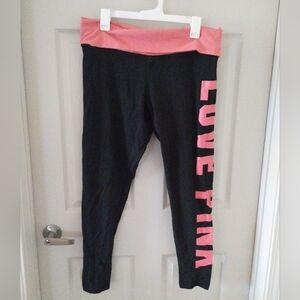 PINK Victoria's Secret Black Leggings with Pink Waistband & Side Logo Size XL